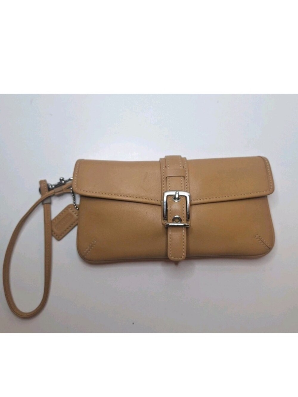 Coach Vintage Y2K Leather Small Tan Brown Wristlet Clutch Bag Buckle Snap